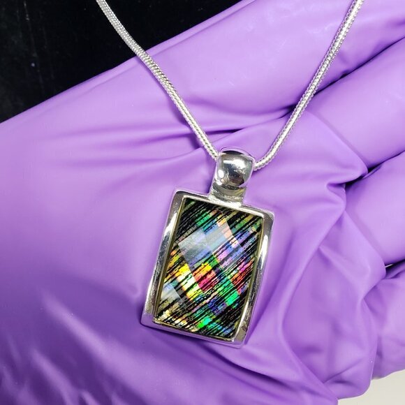 "Silver-Tone Multicolor Rectangle Pendant Necklace & Earrings  – Fashion Jewelry - Picture 7 of 11